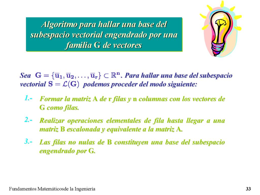 Algoritmo para hallar una base del subespacio vectorial engendrado por una familia G de vectores
