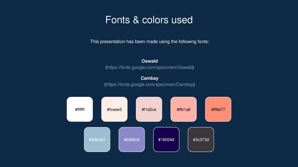 Fonts & colors used This presentation has been made using the following fonts: Oswald. (