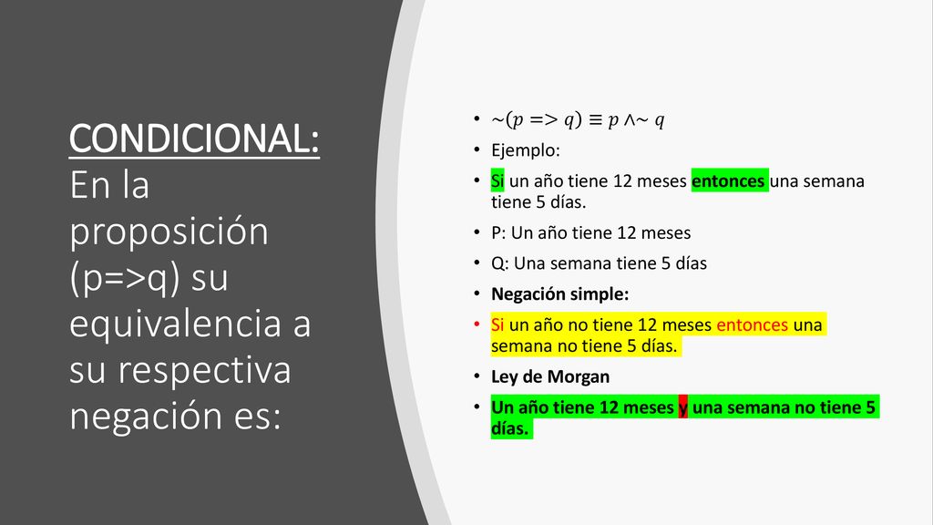 ~ 𝑝=>𝑞 ≡𝑝∧∼𝑞 Ejemplo: Si un año tiene 12 meses entonces una semana tiene 5 días. P: Un año tiene 12 meses.