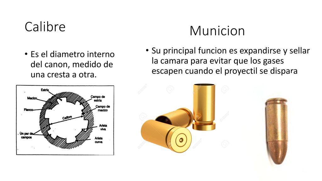 Calibre Municion. Su principal funcion es expandirse y sellar la camara para evitar que los gases escapen cuando el proyectil se dispara.