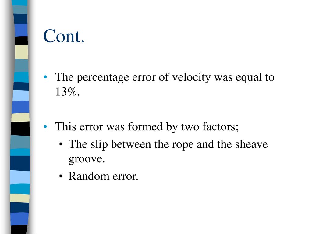 Cont. The percentage error of velocity was equal to 13%.