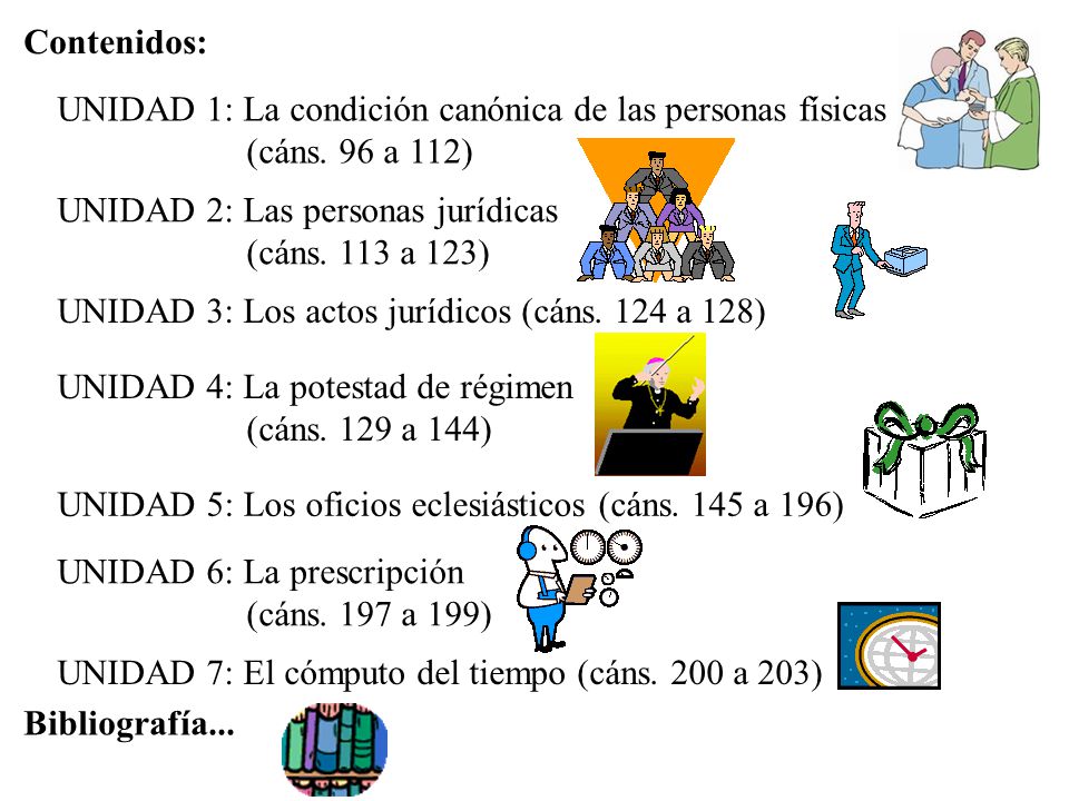 Contenidos: UNIDAD 1: La condición canónica de las personas físicas (cáns. 96 a 112) UNIDAD 2: Las personas jurídicas (cáns. 113 a 123)