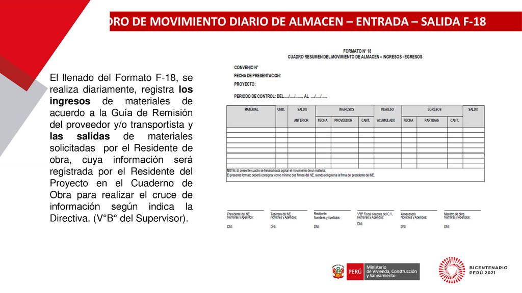 CUADRO DE MOVIMIENTO DIARIO DE ALMACEN – ENTRADA – SALIDA F-18