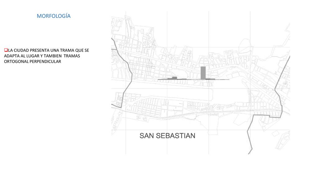 MORFOLOGÍA LA CIUDAD PRESENTA UNA TRAMA QUE SE ADAPTA AL LUGAR Y TAMBIEN TRAMAS ORTOGONAL PERPENDICULAR.