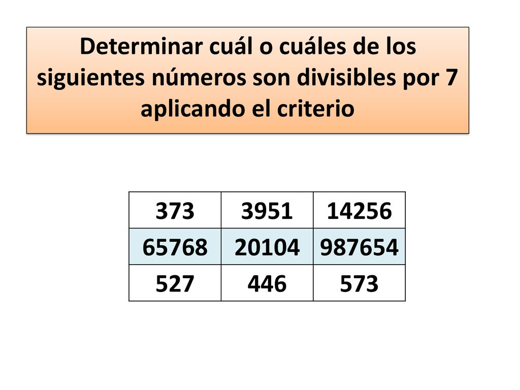 Determinar cuál o cuáles de los siguientes números son divisibles por 7 aplicando el criterio