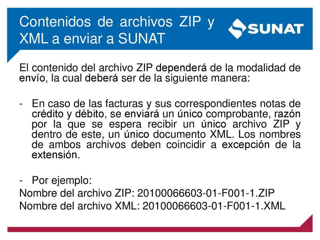Contenidos de archivos ZIP y XML a enviar a SUNAT