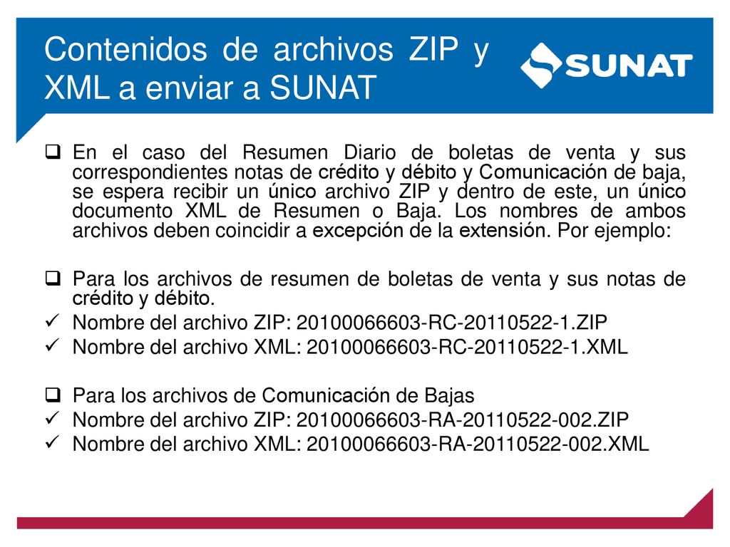 Contenidos de archivos ZIP y XML a enviar a SUNAT