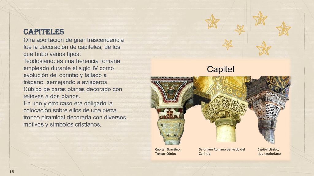 Capiteles Otra aportación de gran trascendencia fue la decoración de capiteles, de los que hubo varios tipos: