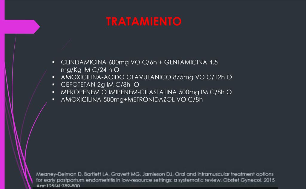 TRATAMIENTO CLINDAMICINA 600mg VO C/6h + GENTAMICINA 4.5 mg/Kg IM C/24 h O. AMOXICILINA-ACIDO CLAVULANICO 875mg VO C/12h O.