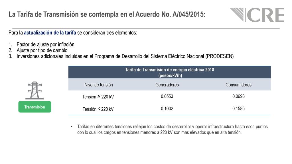 La Tarifa de Transmisión se contempla en el Acuerdo No. A/045/2015: