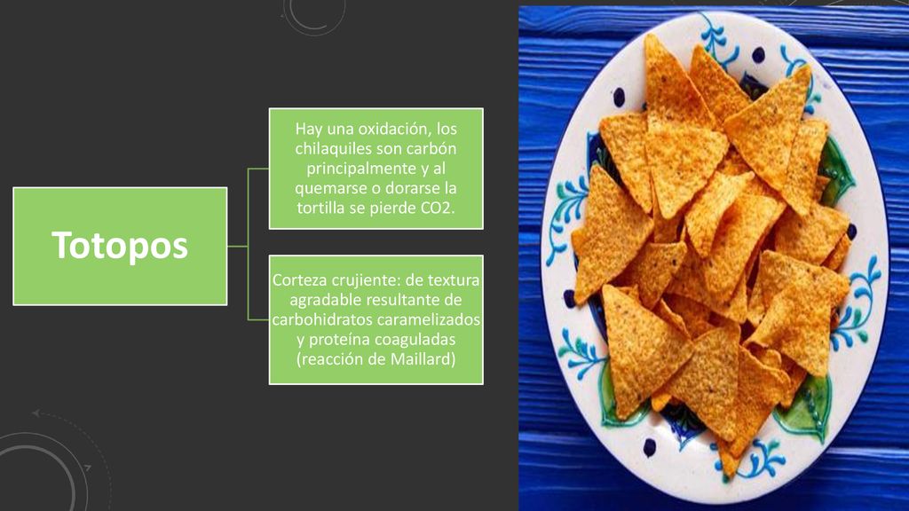 Totopos Hay una oxidación, los chilaquiles son carbón principalmente y al quemarse o dorarse la tortilla se pierde CO2.