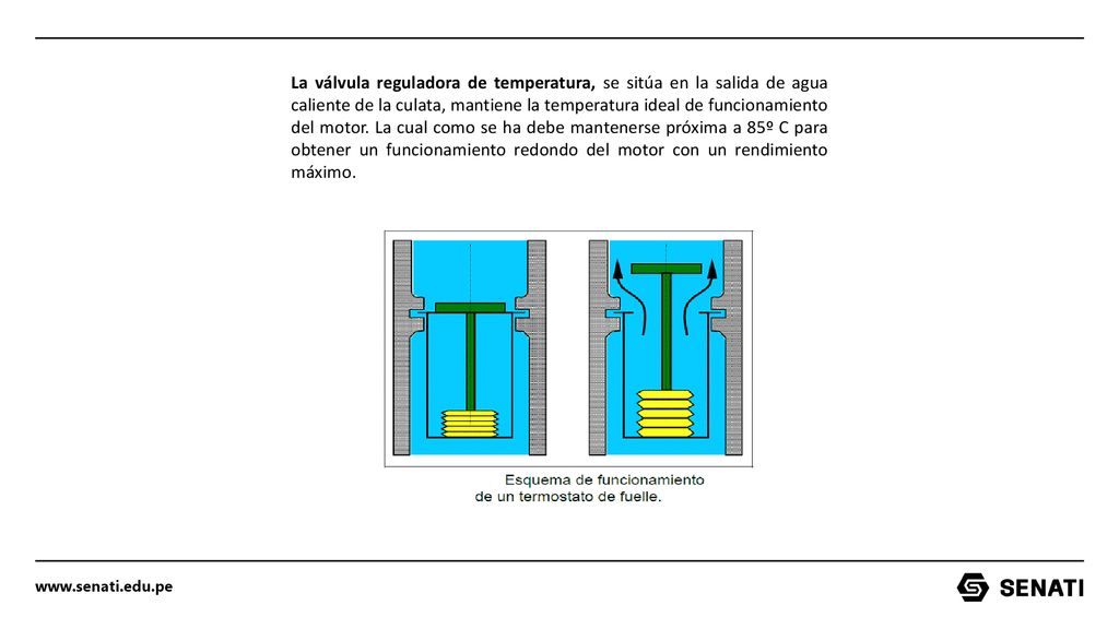 La válvula reguladora de temperatura, se sitúa en la salida de agua caliente de la culata, mantiene la temperatura ideal de funcionamiento del motor.