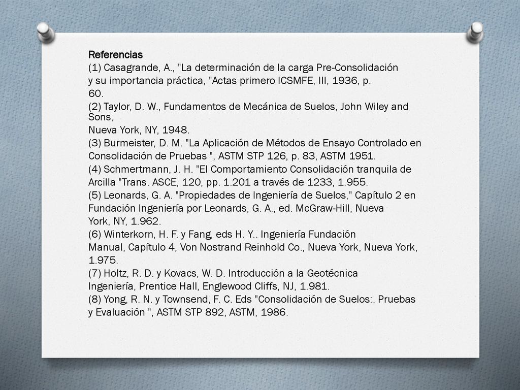 Referencias (1) Casagrande, A., La determinación de la carga Pre-Consolidación. y su importancia práctica, Actas primero ICSMFE, III, 1936, p.