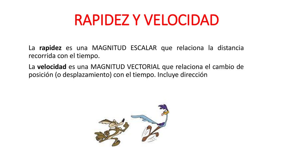 RAPIDEZ Y VELOCIDAD La rapidez es una MAGNITUD ESCALAR que relaciona la distancia recorrida con el tiempo.