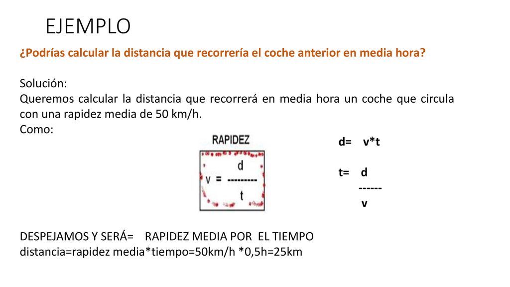 EJEMPLO ¿Podrías calcular la distancia que recorrería el coche anterior en media hora Solución: