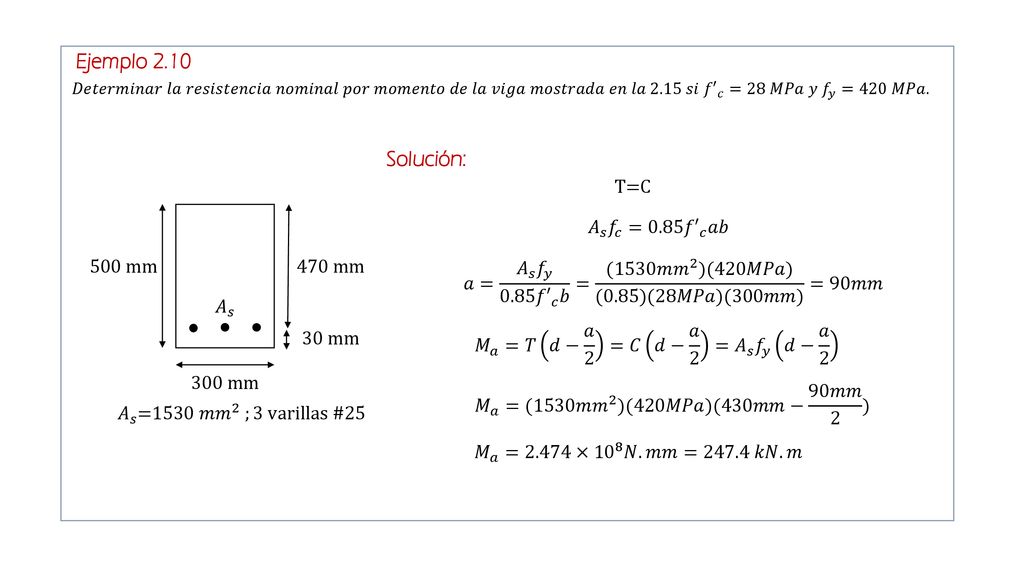 Ejemplo 2.10 Solución: T=C 𝐴 𝑠 𝑓 𝑐 =0.85 𝑓′ 𝑐 𝑎𝑏 500 mm 470 mm