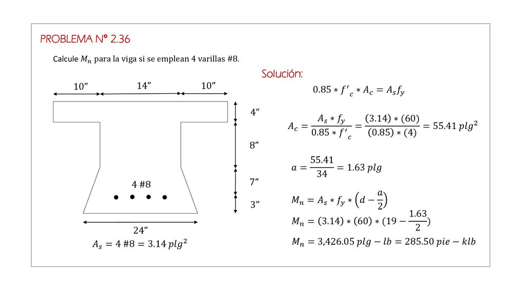 Calcule 𝑀 𝑛 para la viga si se emplean 4 varillas #8.