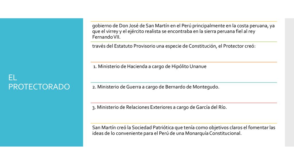 gobierno de Don José de San Martín en el Perú principalmente en la costa peruana, ya que el virrey y el ejército realista se encontraba en la sierra peruana fiel al rey Fernando VII.