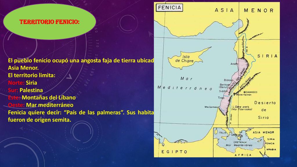 TERRITORIO FENICIO: El pueblo fenicio ocupó una angosta faja de tierra ubicada en Asia Menor. El territorio limita: