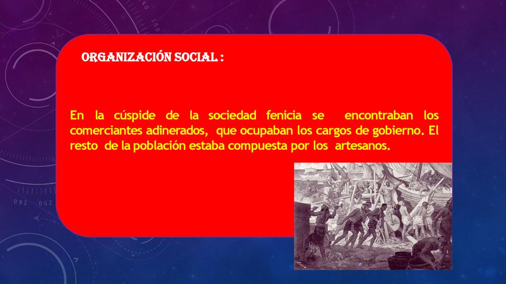 En la cúspide de la sociedad fenicia se encontraban los comerciantes adinerados, que ocupaban los cargos de gobierno. El resto de la población estaba compuesta por los artesanos.