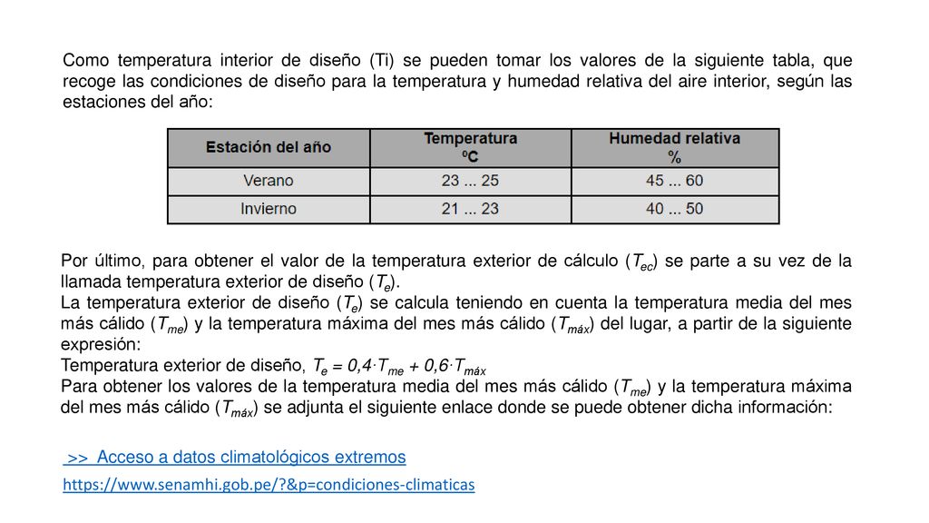 Como temperatura interior de diseño (Ti) se pueden tomar los valores de la siguiente tabla, que recoge las condiciones de diseño para la temperatura y humedad relativa del aire interior, según las estaciones del año: