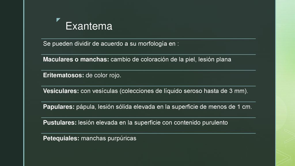 Exantema Se pueden dividir de acuerdo a su morfología en :
