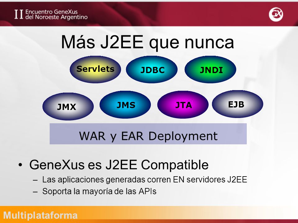 Más J2EE que nunca GeneXus es J2EE Compatible WAR y EAR Deployment