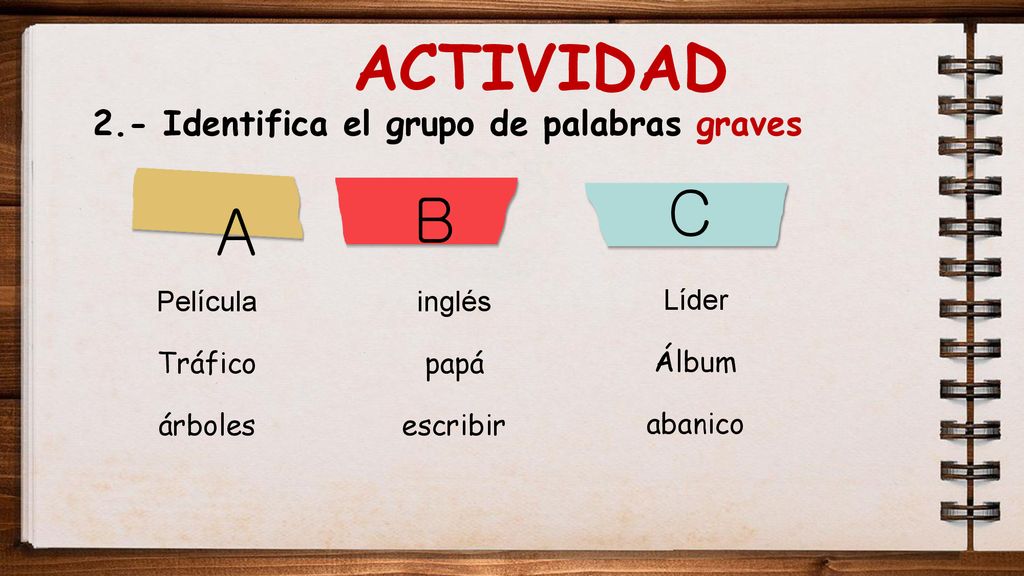 ACTIVIDAD C B A 2.- Identifica el grupo de palabras graves Película