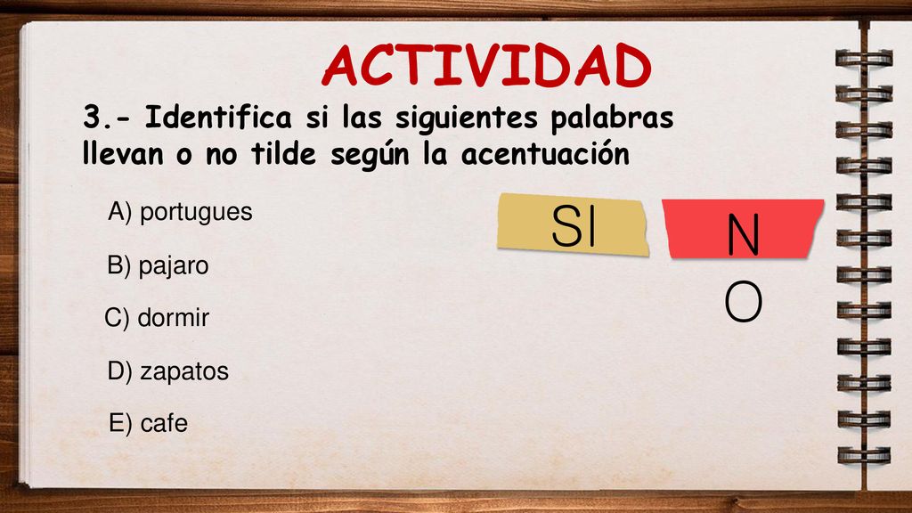 ACTIVIDAD 3.- Identifica si las siguientes palabras llevan o no tilde según la acentuación. A) portugues.