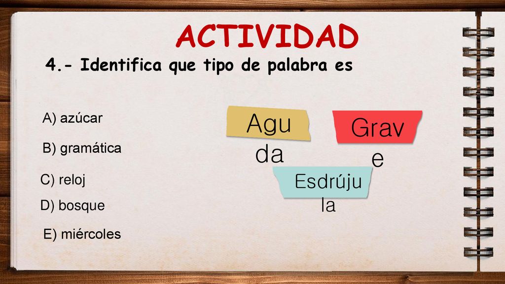 ACTIVIDAD Aguda Grave Esdrújula 4.- Identifica que tipo de palabra es