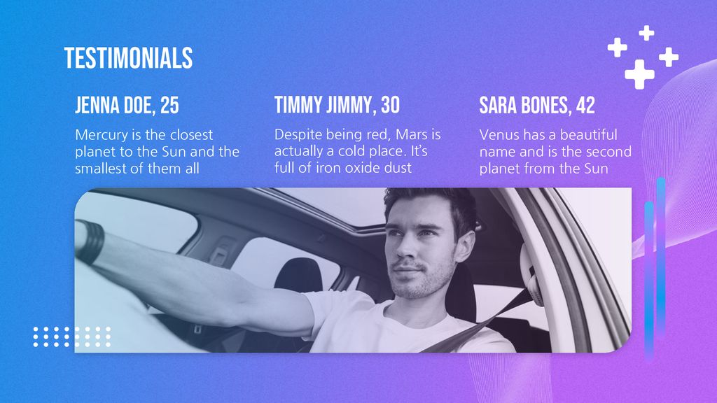 testimonials Jenna Doe, 25 Timmy Jimmy, 30 Sara bones, 42