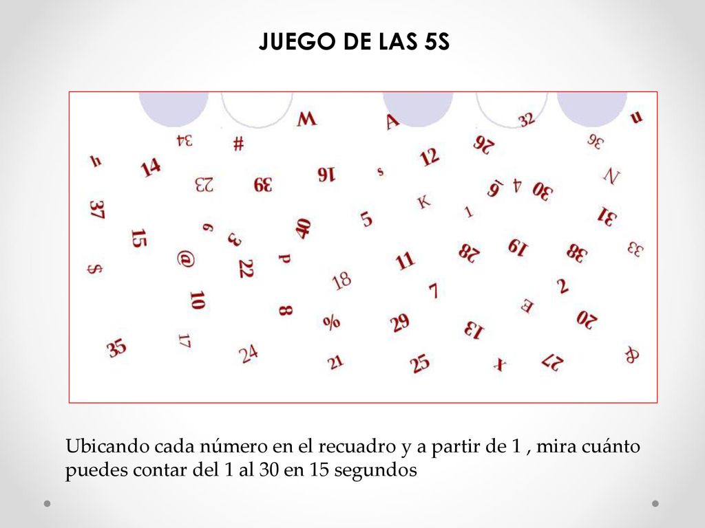 JUEGO DE LAS 5S Ubicando cada número en el recuadro y a partir de 1 , mira cuánto puedes contar del 1 al 30 en 15 segundos.