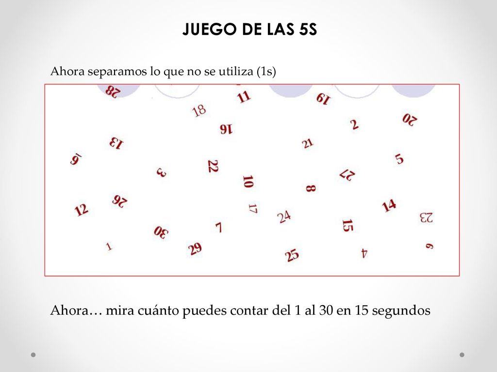 JUEGO DE LAS 5S Ahora separamos lo que no se utiliza (1s) Ahora… mira cuánto puedes contar del 1 al 30 en 15 segundos.