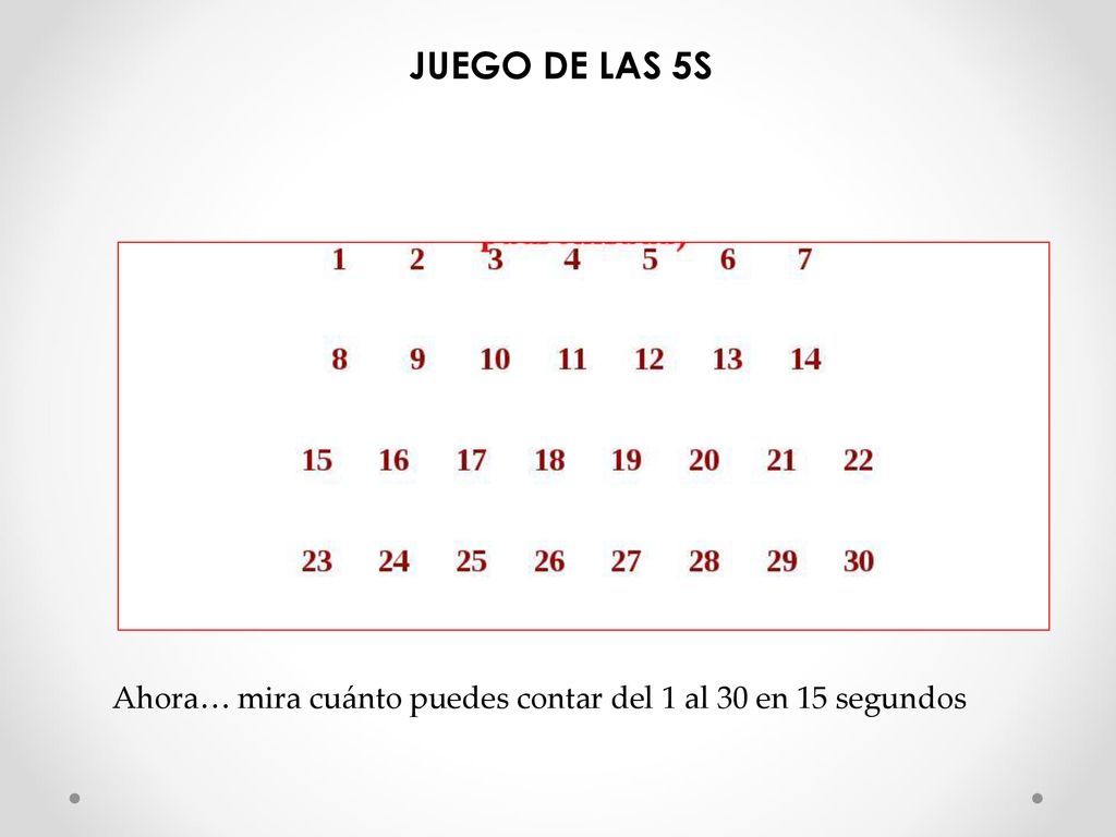 JUEGO DE LAS 5S Ahora… mira cuánto puedes contar del 1 al 30 en 15 segundos