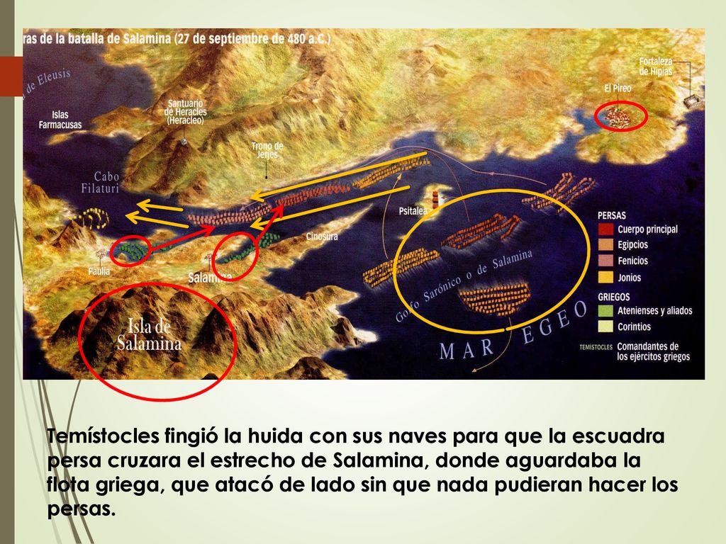 Temístocles fingió la huida con sus naves para que la escuadra persa cruzara el estrecho de Salamina, donde aguardaba la flota griega, que atacó de lado sin que nada pudieran hacer los persas.