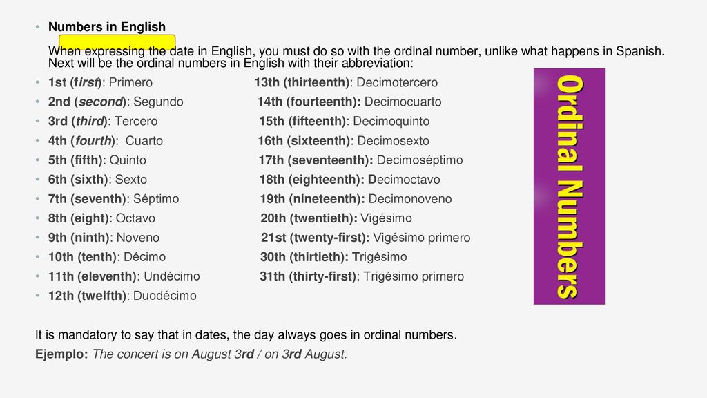 Numbers in English When expressing the date in English, you must do so with the ordinal number, unlike what happens in Spanish. Next will be the ordinal numbers in English with their abbreviation:
