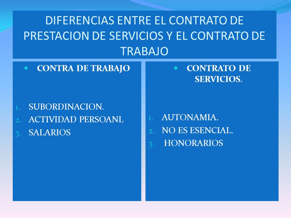 DIFERENCIAS ENTRE EL CONTRATO DE PRESTACION DE SERVICIOS Y EL CONTRATO DE TRABAJO