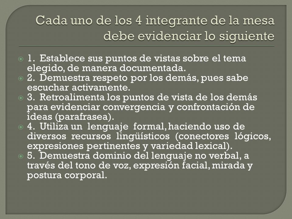 Cada uno de los 4 integrante de la mesa debe evidenciar lo siguiente