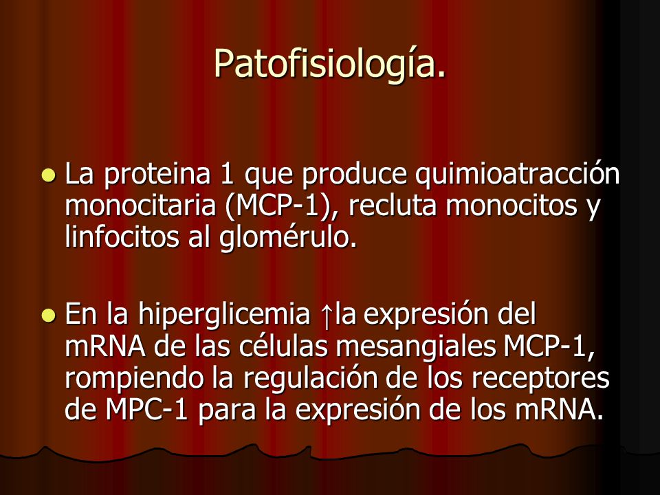 Patofisiología. La proteina 1 que produce quimioatracción monocitaria (MCP-1), recluta monocitos y linfocitos al glomérulo.