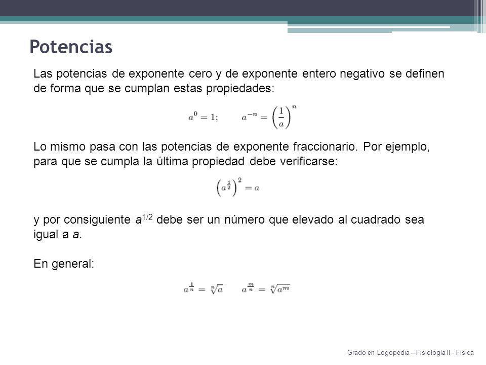 Potencias Las potencias de exponente cero y de exponente entero negativo se definen de forma que se cumplan estas propiedades: