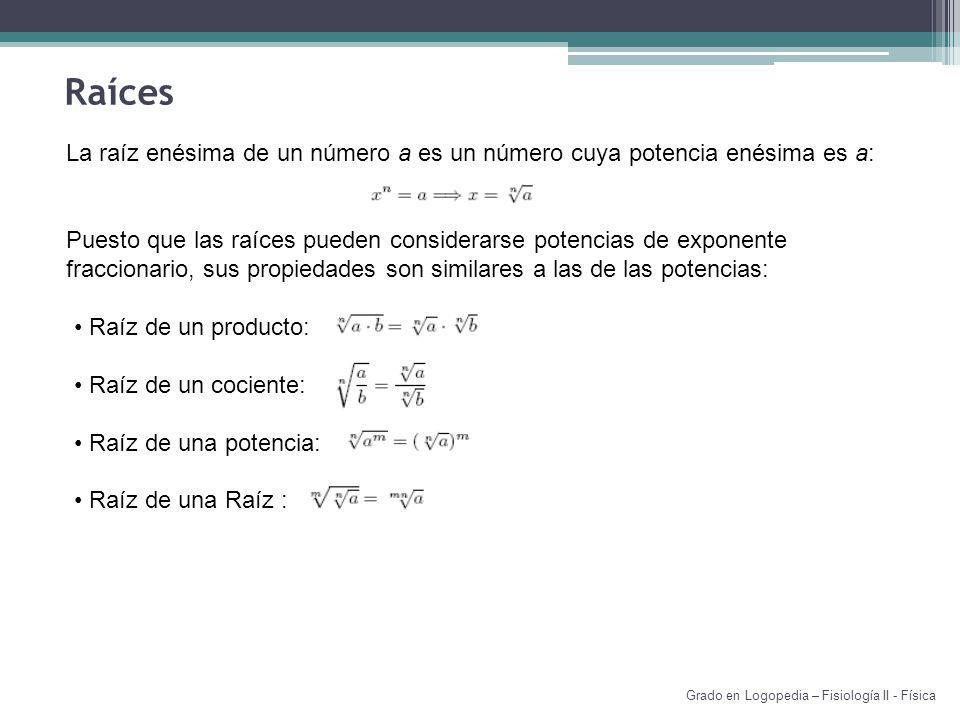 Raíces La raíz enésima de un número a es un número cuya potencia enésima es a: