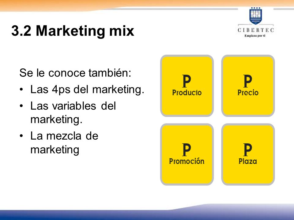 3.2 Marketing mix Se le conoce también: Las 4ps del marketing.