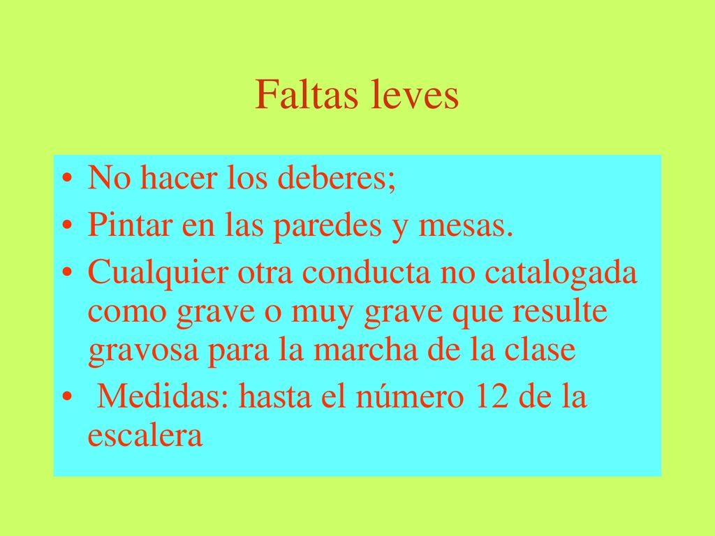 Faltas leves No hacer los deberes; Pintar en las paredes y mesas.