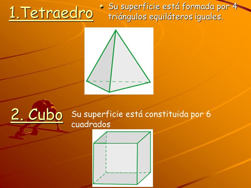 1.Tetraedro Su superficie está formada por 4 triángulos equiláteros iguales.