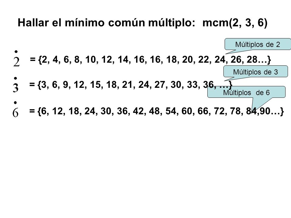 Hallar el mínimo común múltiplo: mcm(2, 3, 6)