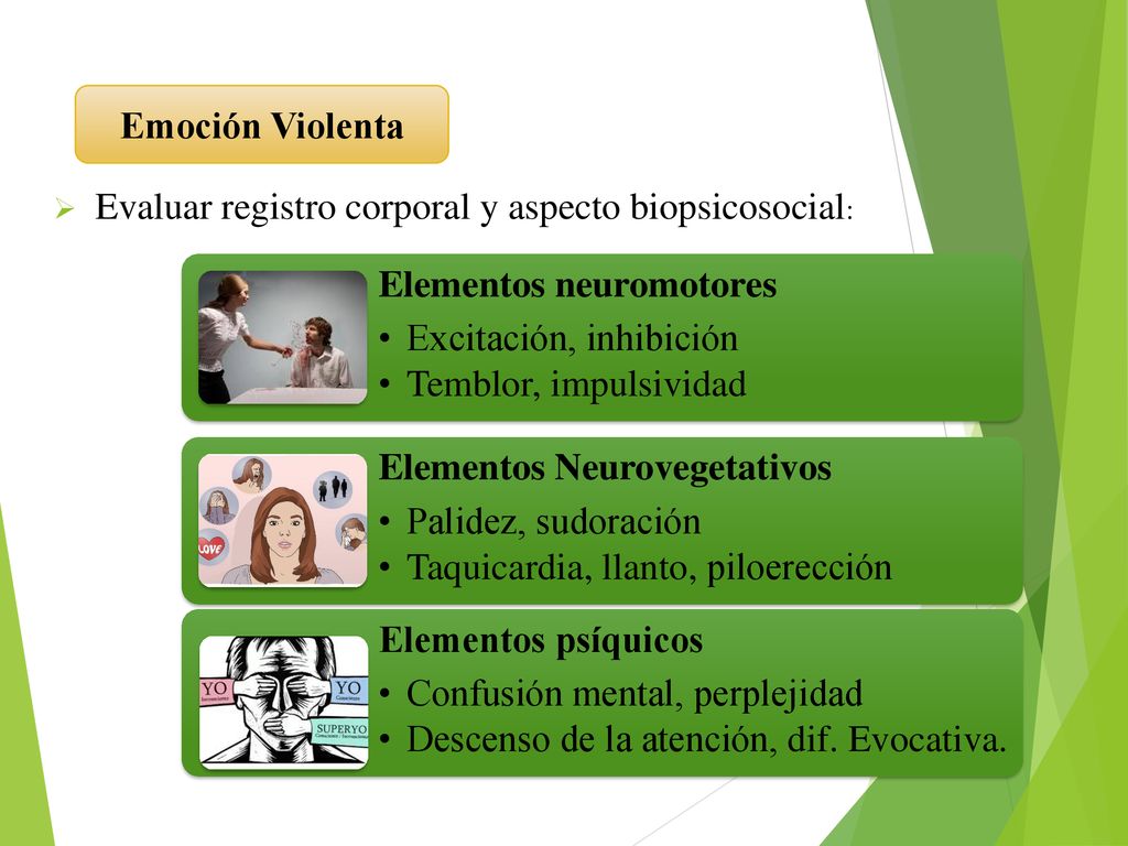 Emoción Violenta Evaluar registro corporal y aspecto biopsicosocial: Elementos neuromotores. Excitación, inhibición.