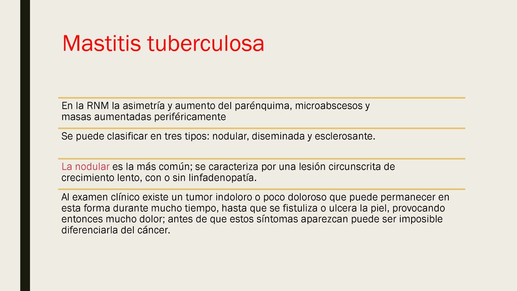 Mastitis tuberculosa En la RNM la asimetría y aumento del parénquima, microabscesos y masas aumentadas periféricamente.