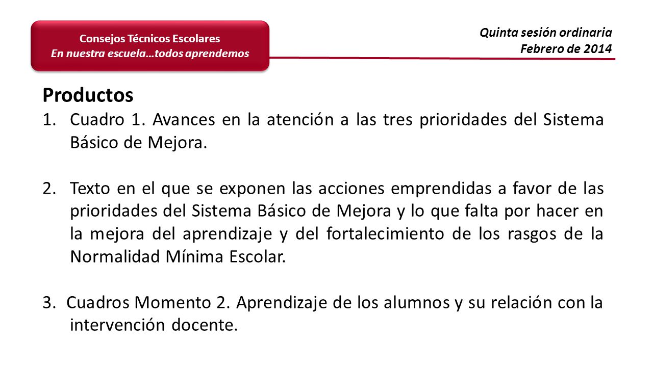 Productos Cuadro 1. Avances en la atención a las tres prioridades del Sistema Básico de Mejora.