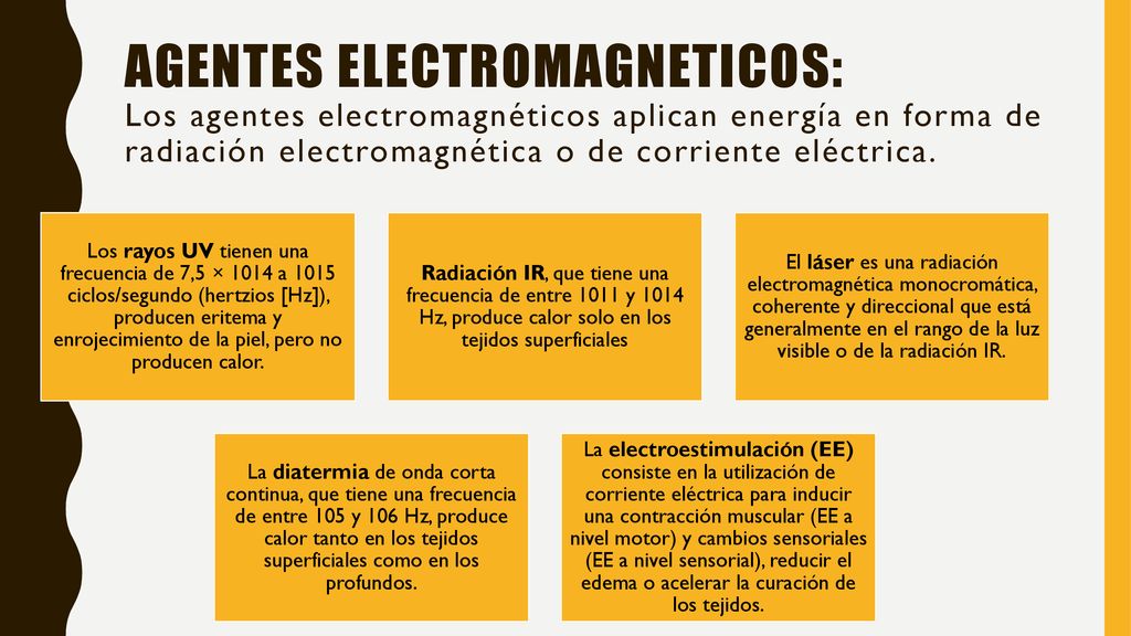 AGENTES ELECTROMAGNETICOS: Los agentes electromagnéticos aplican energía en forma de radiación electromagnética o de corriente eléctrica.