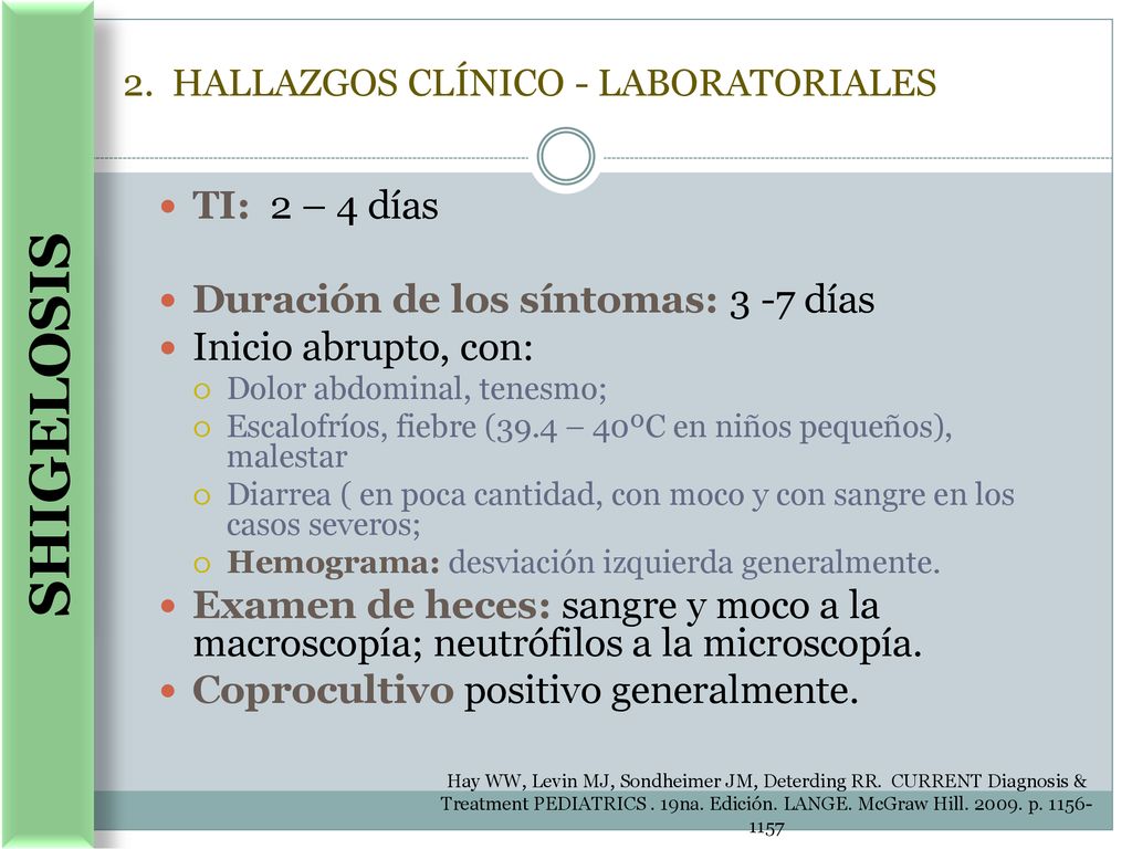 SHIGELOSIS TI: 2 – 4 días Duración de los síntomas: 3 -7 días